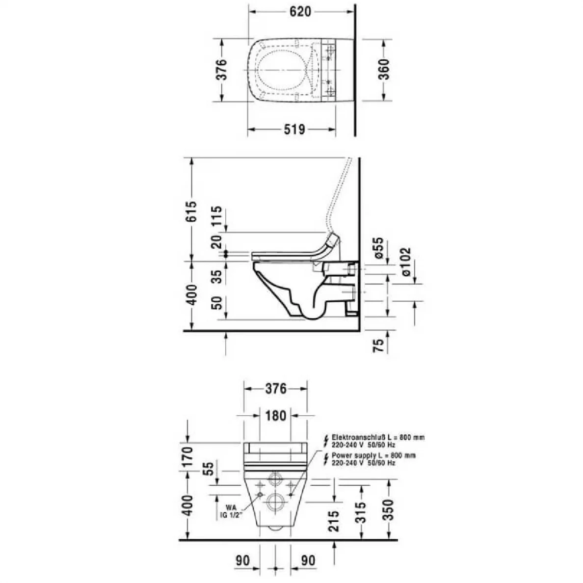 Pakabinamas klozetas su bidė funkcija Duravit DuraStyle Rimless + dangtis Sensowash SC - Image 3