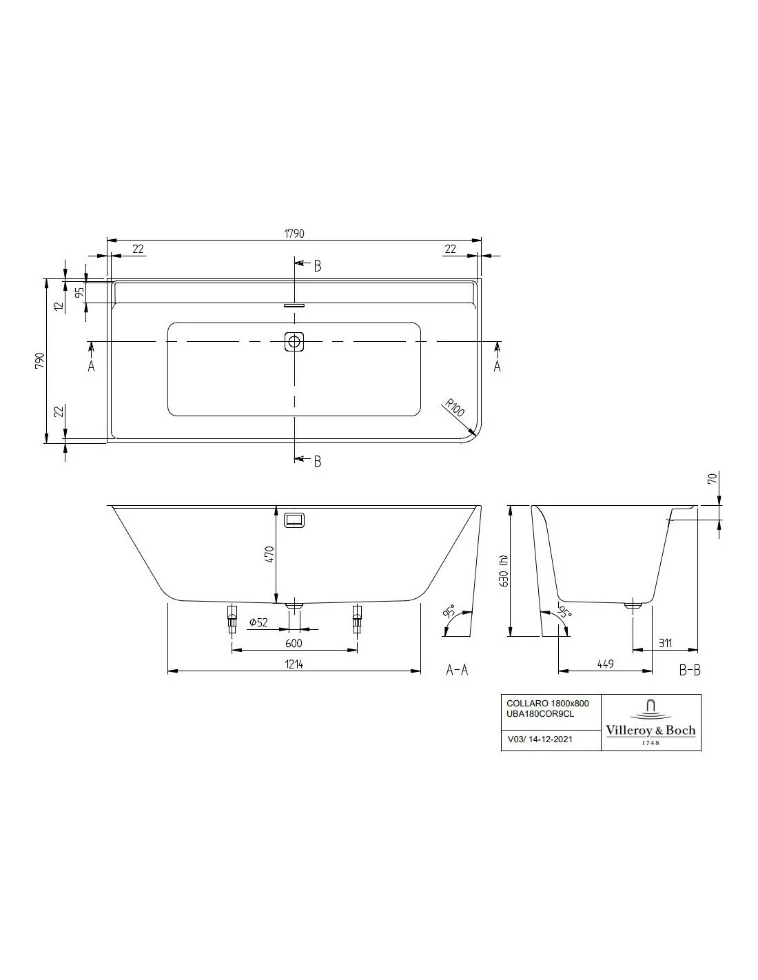 Vonia Villeroy&Boch Collaro 180x80 cm kairė/ dešinė pusė prie sienos - Image 3