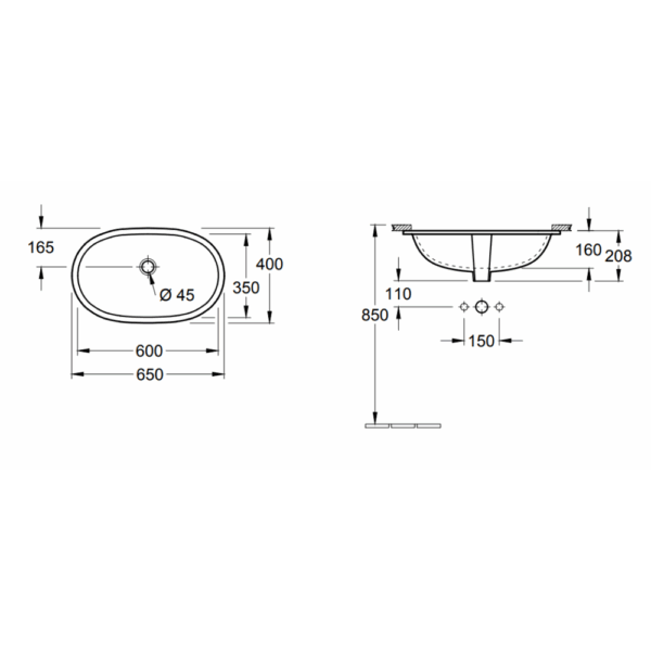 Iš apačios montuojamas praustuvas Villeroy&Boch O.Novo 600x350mm - Image 3